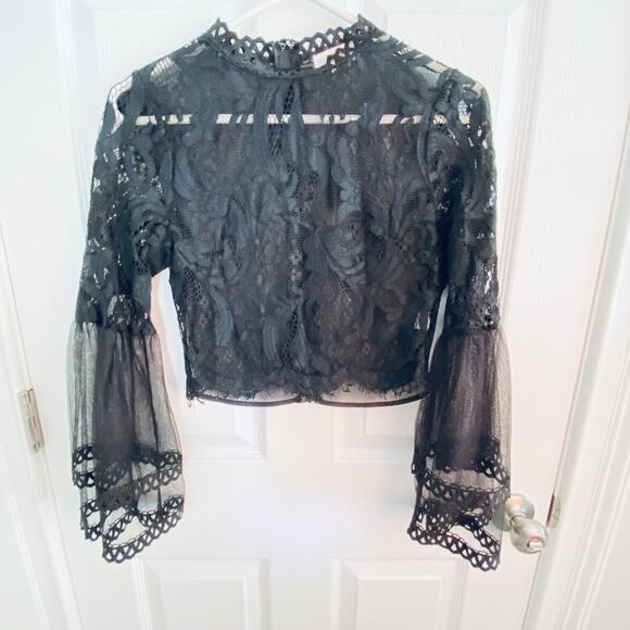 Goth Sheer Lace Crop top Womens Small Black Bell Sleeve Cropped Whimsigoth - Picture 1 of 5